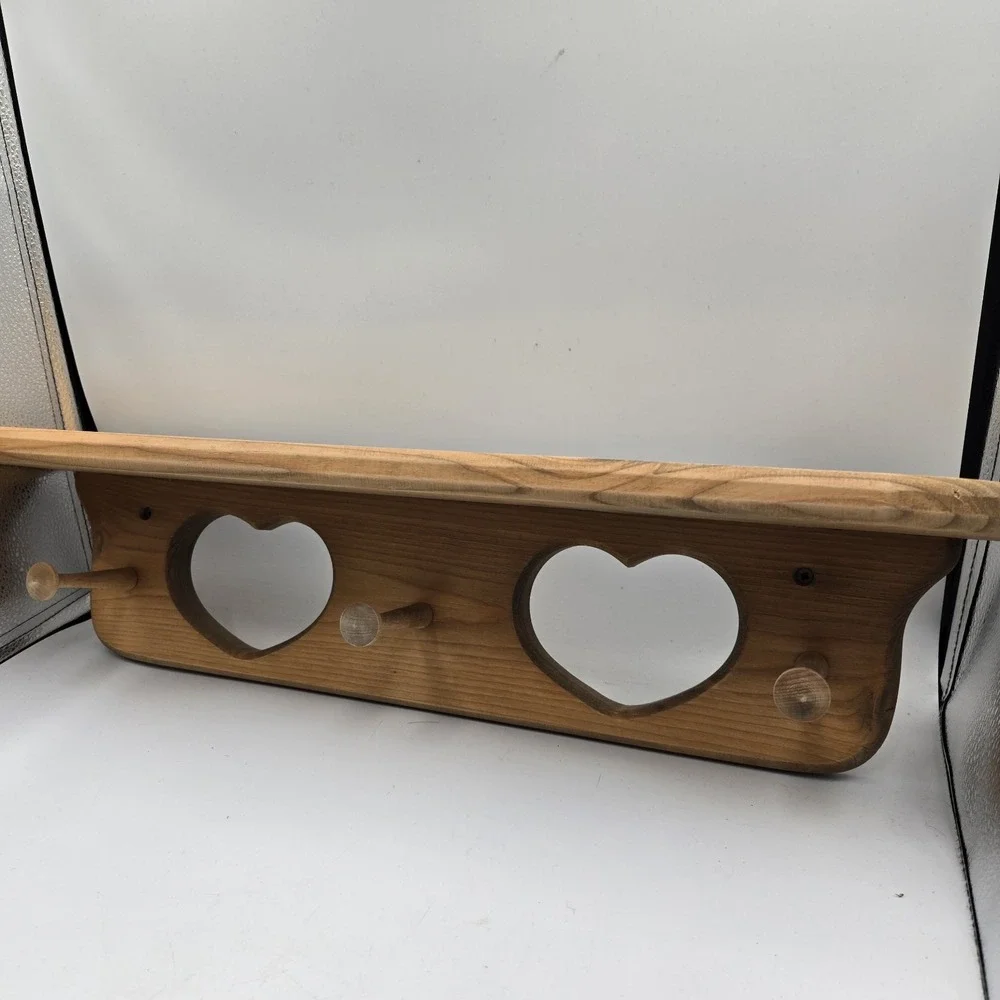 VTG Wood Double Heart Pegged Wall Shelf 24